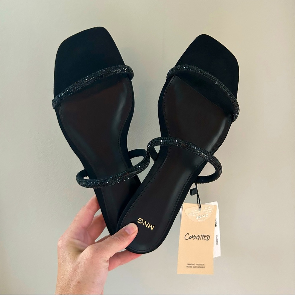 Used once: Mango Black Flat Rhinestone Sandals Size 7.5